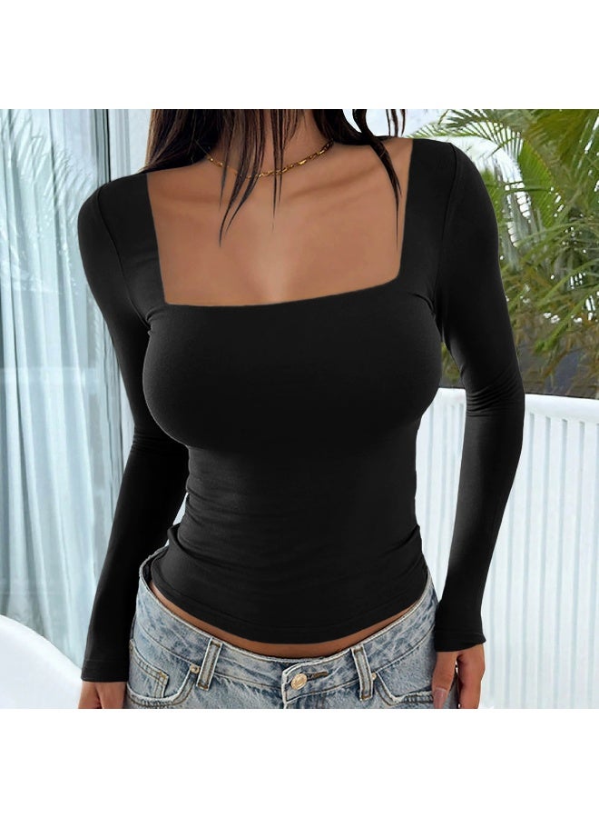 general 2026 Elegant Women's Long-Sleeved Square-Neck Crop Top, Long-Sleeved Pullover Tight-Fitting Casual Fashion Top, Y2K Style Top, T-Shirt - Image 1